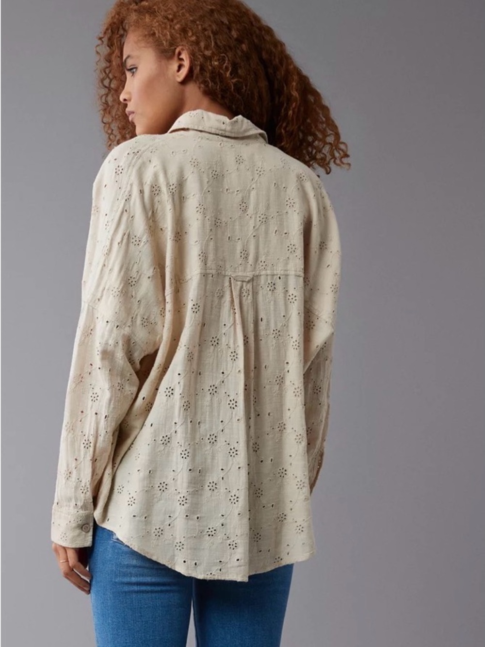 American Eagle Outfitters Cream Eyelet Button-Down Shirt - Picture 2 of 5